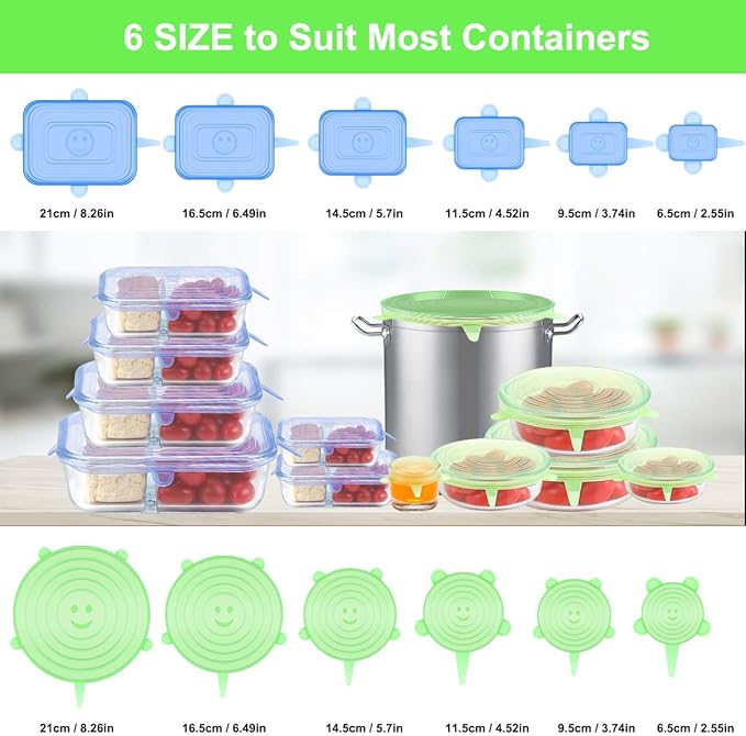 Silicone Stretch Lids for Food Storage in Fridge, 12 Pack Silicone Lids, Reusable Food Grade Silicone Bowl Covers for Cups, Bowls and Dish, 6 Sizes Round and Rectangle Shape - Image 2