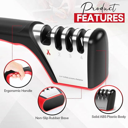 4-in-1 Knife Sharpener, Sturdy Manual Knife Sharpeners for Kitchen Knives, Professional Ergonomic Knife Sharpening Kit with 4 Stage Sharpening Slots, Portable Knife Sharpener for Knives, Scissors - Image 4