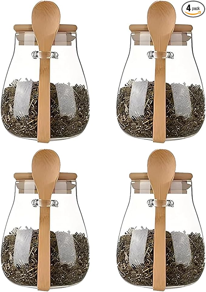 Airtight glass jar storage container with bamboo lid Set of 4, wide mouth, leak-proof, With a spoon, can be used for coffee beans, tea leaves, grains, dried fruits, etc (Small*4pcs) by DNIENKGE