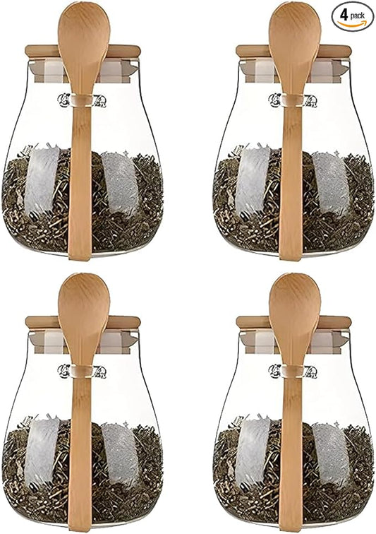 Airtight glass jar storage container with bamboo lid Set of 4, wide mouth, leak-proof, With a spoon, can be used for coffee beans, tea leaves, grains, dried fruits, etc (Small*4pcs) by DNIENKGE