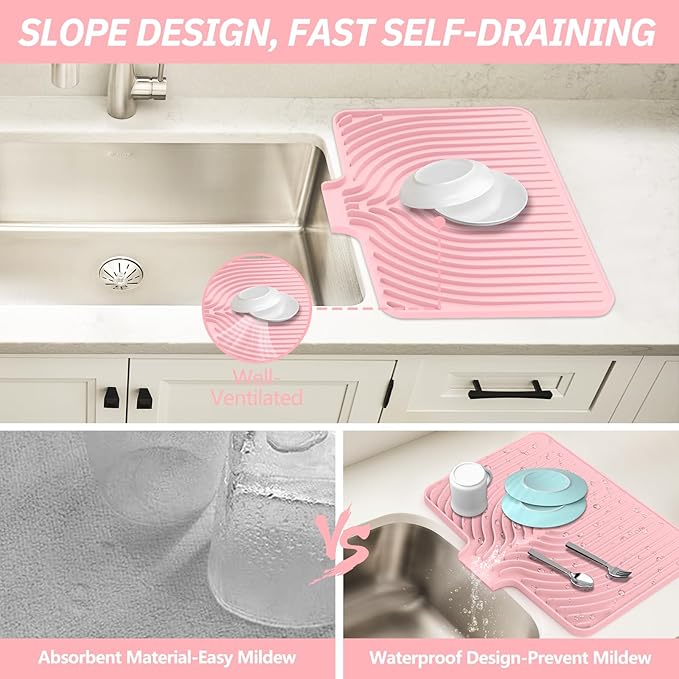 Dish Drying Mat for Kitchen Counter, with Built-in Drain Lip, Food-Grade Silicone, Easy Clean Pad for Countertop Protection, Multi-Functional Use (18x11.8, Pink) - Image 4