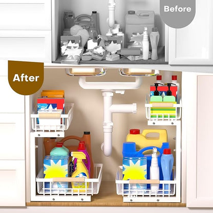 Under Sink Organizer, 2 Tier Pull Out Under-Sink Shelves, Adjustable Height (13.8" -16.9"), Sturdy Metal Storage Organizer for Bathroom Kitchen Pantry Cabinet (2 Packs, White) - Image 6
