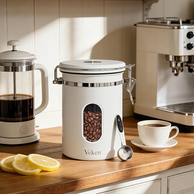 Veken Coffee Canister with Window, Airtight Stainless Steel Kitchen Food Storage Container with Lids, Date Tracker and Scoop for Grounds Coffee, Beans, Tea, Flour, Cereal, Sugar Jars, 22OZ, White - Image 3