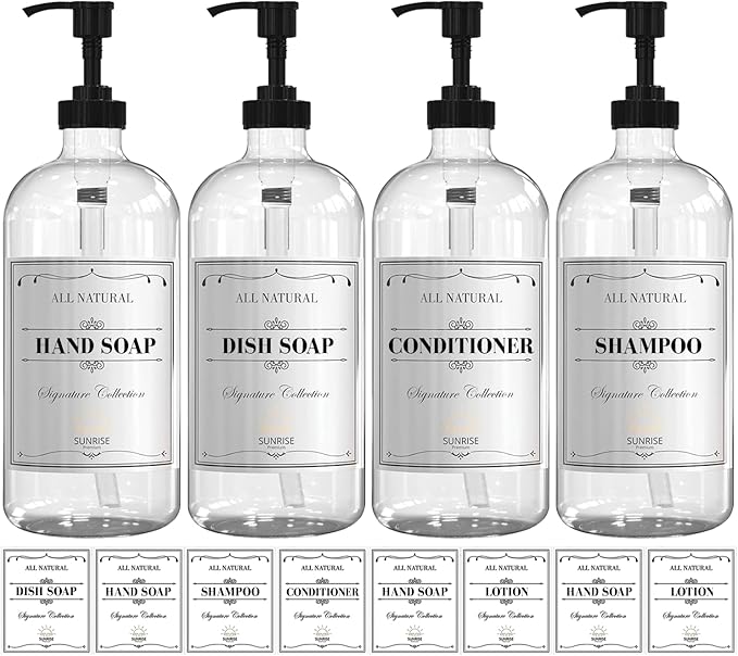 Sunrise Premium 16 OZ Clear Glass Soap Dispenser with Pump, Hand and Dish Soap Dispenser Set for Bathroom with 12 Waterproof Labels, Pack 4 by SunrisePremium