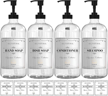 Sunrise Premium 16 OZ Clear Glass Soap Dispenser with Pump, Hand and Dish Soap Dispenser Set for Bathroom with 12 Waterproof Labels, Pack 4 by SunrisePremium