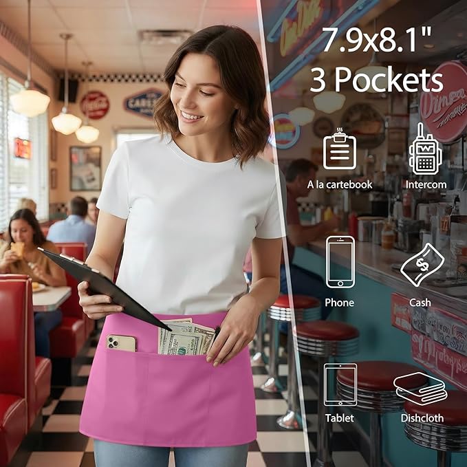 BOHARERS Pink Waitress Apron for Women with 3 Pockets - Durable Server Aprons for Restaurant Waterproof Oilproof - Image 2