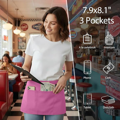 BOHARERS Pink Waitress Apron for Women with 3 Pockets - Durable Server Aprons for Restaurant Waterproof Oilproof - Image 2