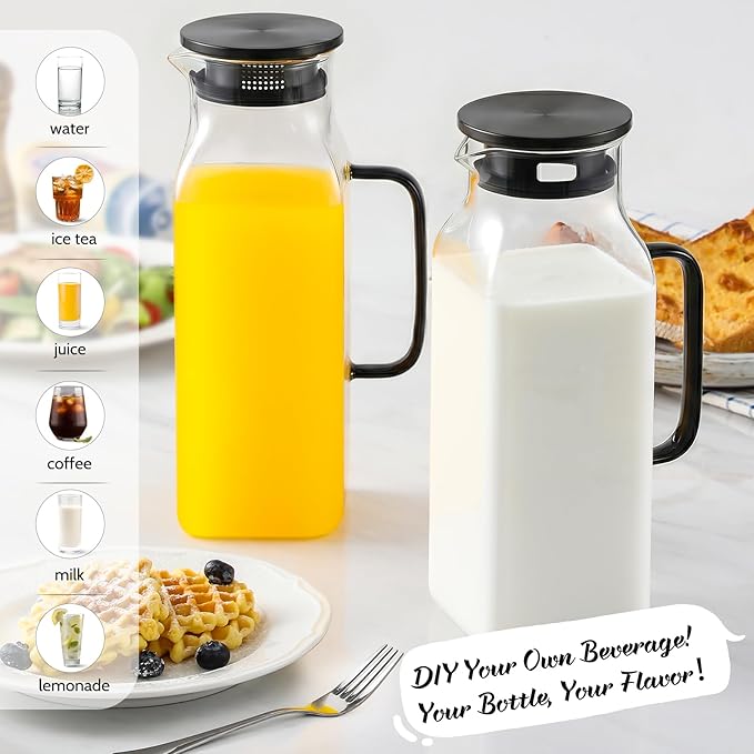 2 Pack 2 Liters/68 oz Square Glass Pitcher with Lid and Handle for Fridge, Iced Tea and Coffee Carafe Beverage Serveware, Heat Resistant Borosilicate Water Black Jug for Hot/Cold Drinks and Milk - Image 3