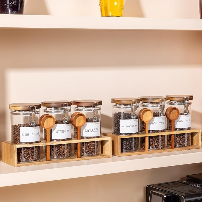 Yangbaga Glass Sugar Coffee Canister with Shelf, 3 x 45OZ Coffee Bean Containers Storage Station Organizer with Airtight Locking Clamp and Log Coffee Scoop, Food Storage Canisters Sets for Kitchen - Image 6