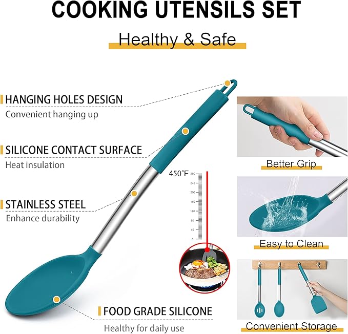 Silicone Cooking Utensils Set, E-far 14-Piece Blue Kitchen Utensils Set with Holder, Kitchen Tools Spatulas with Stainless Steel Handle for Non-stick Cookware, Heat Resistant & Dishwasher safe - Image 3