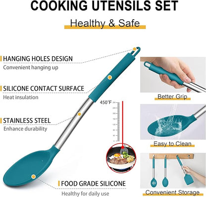 Silicone Cooking Utensils Set, E-far 14-Piece Blue Kitchen Utensils Set with Holder, Kitchen Tools Spatulas with Stainless Steel Handle for Non-stick Cookware, Heat Resistant & Dishwasher safe - Image 3