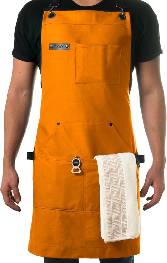 Asaya Chef and BBQ Apron with Bottle Opener and Hand Towel - 10oz Cotton Canvas, Stainless Steel Hardware - Cross Back Straps by AsayaChefProducts
