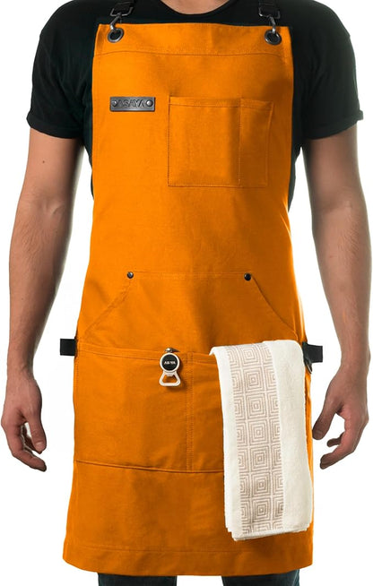 Asaya Chef and BBQ Apron with Bottle Opener and Hand Towel - 10oz Cotton Canvas, Stainless Steel Hardware - Cross Back Straps by AsayaChefProducts