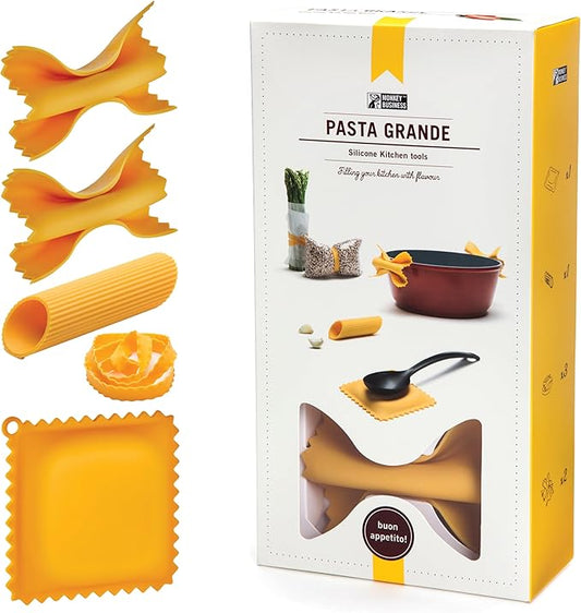 Pasta Grande - Fun Pasta Shaped Silicone Kitchen Tools in a Gift Box / 4 of our Pasta-shaped kitchen gadgets in one festive giftbox/Farfalloni, Ravioli, Penneli & Mafaldine/by Monkey Business