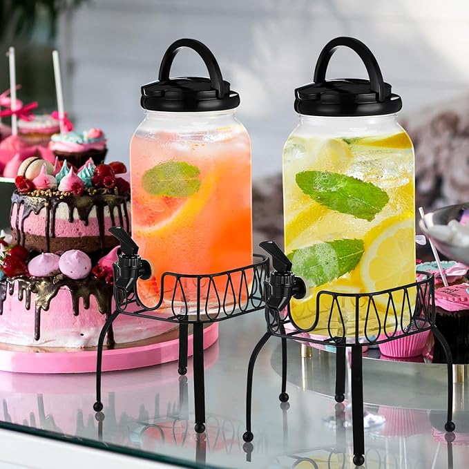 Tanlade 2 Pcs Plastic Drink Dispenser with Stand Beverage Dispenser with Sturdy Metal Base Juice Jar for Parties Lemonade Jar Spigot for Weddings Countertop Water, Each 1 Gallon(Black)