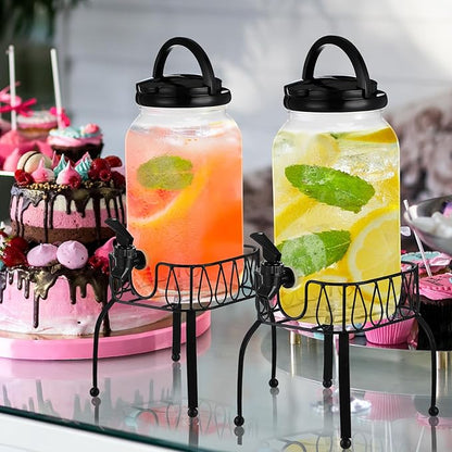 Tanlade 2 Pcs Plastic Drink Dispenser with Stand Beverage Dispenser with Sturdy Metal Base Juice Jar for Parties Lemonade Jar Spigot for Weddings Countertop Water, Each 1 Gallon(Black)