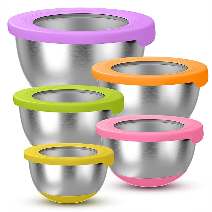 KITEISCAT Stainless Steel Mixing Bowls with Lids – Set of 5 Large Nesting Metal Bowls for Kitchen, Baking, Cooking, Food Prep & Storage, Non-Slip Base, Dishwasher Safe, Multicolor by KITEISCAT