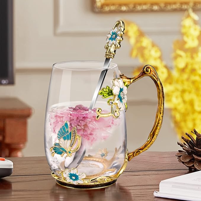 OEAGO Birthday Gifts for Women Mom Glass Coffee Enamels Mug Best Mothers Day Butterfly Gifts for Her from Daughter Son Lead-Free Christmas Tea Cup with Spoon Sets - Image 5