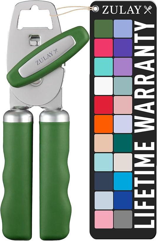 Zulay Kitchen Heavy Duty Stainless Steel Can Opener Manual with Bottle Opener - Rust Proof Manual Can Opener With Turn Knob & Comfy Soft Grip Handles - Artichoke Green by ZulayKitchen