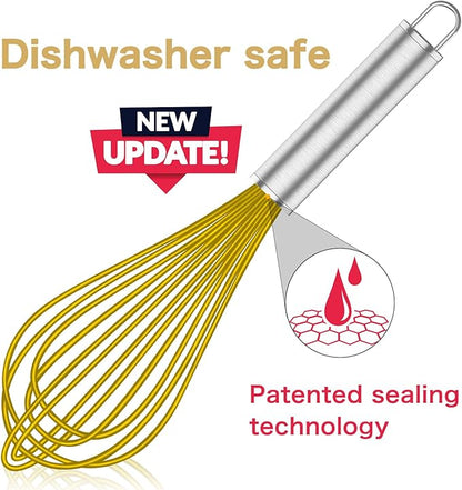 OYV Yellow Silicone Whisk, Professional Whisks For Cooking Non-Scratch, Stainless Steel & Silicone Wisk, Plastic Rubber Whisk Tool For Nonstick Cookware Pans, Silicon Wisks Set of 3. - Image 2