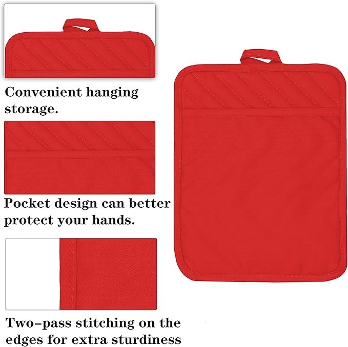 Oven Pot Holder with Pocket Cotton Heat Resistant Coaster Potholder Kitchen Hot Pad Oven Mitts for Cooking Square 7"x9"Set of 5 (Red) - Image 3