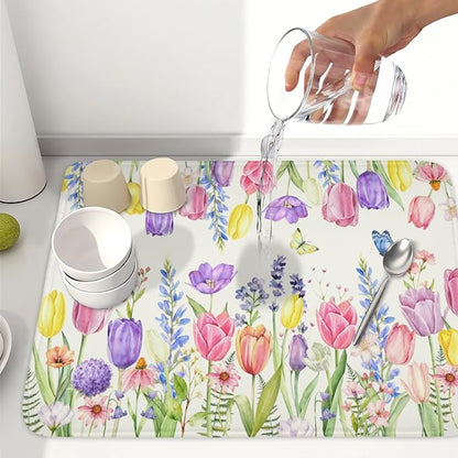 Spring Floral Dish Drying Mat for Kitchen Counter Easter Tulip Lavender Flower Microfiber Dish Drainer Mat Rustic Farmhouse Absorbent Washable Drying Pad Extra Large 18"x24"