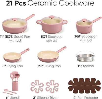 CAROTE 21pcs Cookware Set Nonstick Pots and Pans Set, Ceramic Cookware Set Induction Cookware, Non toxic Healthy Non Stick Kitchen Cooking Set, PFAS PTFE Free - Image 2