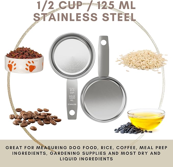 1/2 Cup Stainless Steel Measuring Cup | Sturdy Metal 125 ml | 125 cc | 4 oz | Single Cup for Wet and Dry Ingredients | Great for use as 1/2 Cup Dog Food Scoop - 4 PK - Image 2