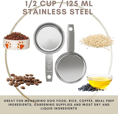 1/2 Cup Stainless Steel Measuring Cup | Sturdy Metal 125 ml | 125 cc | 4 oz | Single Cup for Wet and Dry Ingredients | Great for use as 1/2 Cup Dog Food Scoop - 1 PK - Image 2