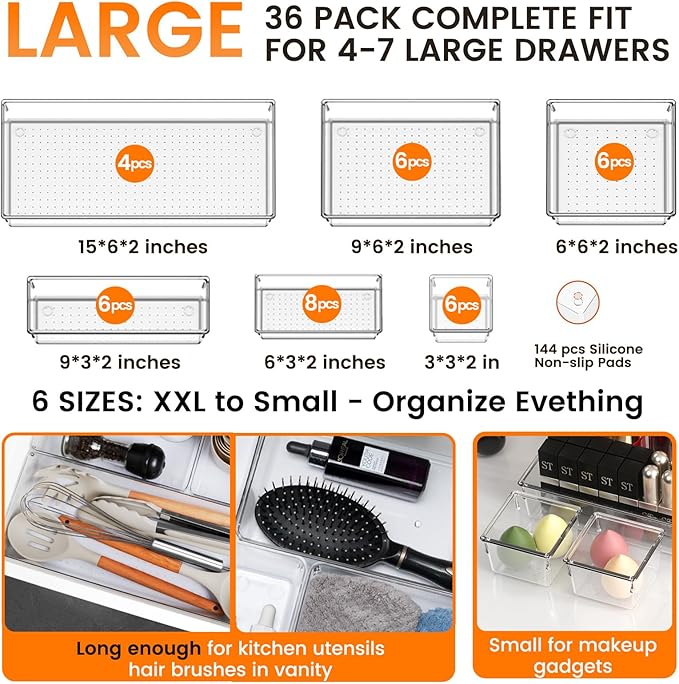 Criusia 36 Pack Large Clear Plastic Drawer Organizer Bins - 6 Size Acrylic Kitchen Drawer Organization and Storage for Utensils Gadgets, Office Bathroom and Vanity Organizer for Makeup Accessoires - Image 2