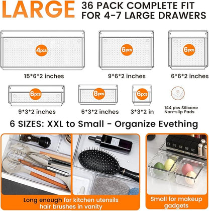 Criusia 36 Pack Large Clear Plastic Drawer Organizer Bins - 6 Size Acrylic Kitchen Drawer Organization and Storage for Utensils Gadgets, Office Bathroom and Vanity Organizer for Makeup Accessoires - Image 2