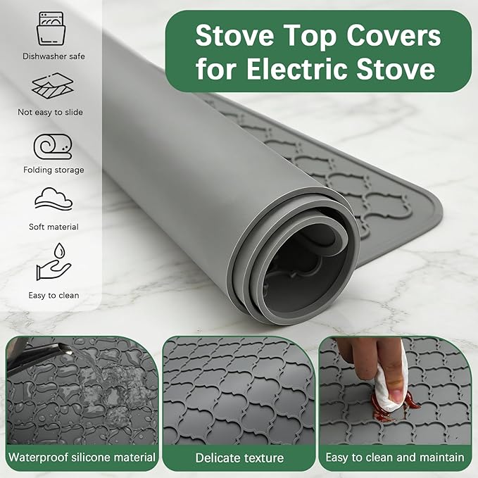 Stove Top Cover for Electric Stove - Food Grade Ceramic Stove top Cover, Silicone XXL Dish Drying Mat, Glass Cooktop Covers, Flat RV Range top Mats (Grey, 27.5"X20") - Image 3