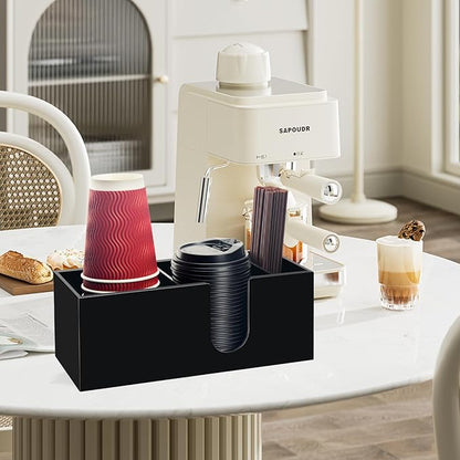 Coffee Bar Accessories and Organizer, Disposable Cup Holder for Countertop, Black Acrylic Storage and Organization for Cup Lid Stirrers Pod, Farmhouse Table Décor