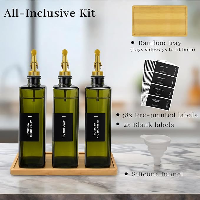 Olive Oil Dispenser Bottle for Kitchen with Bamboo Tray- Glass Oil and Vinegar Dispenser Set 16.9oz, Soy Sauce & Syrup Bottle, Modern Hostess Gift (Green, 16.9oz, Set of 3) - Image 6