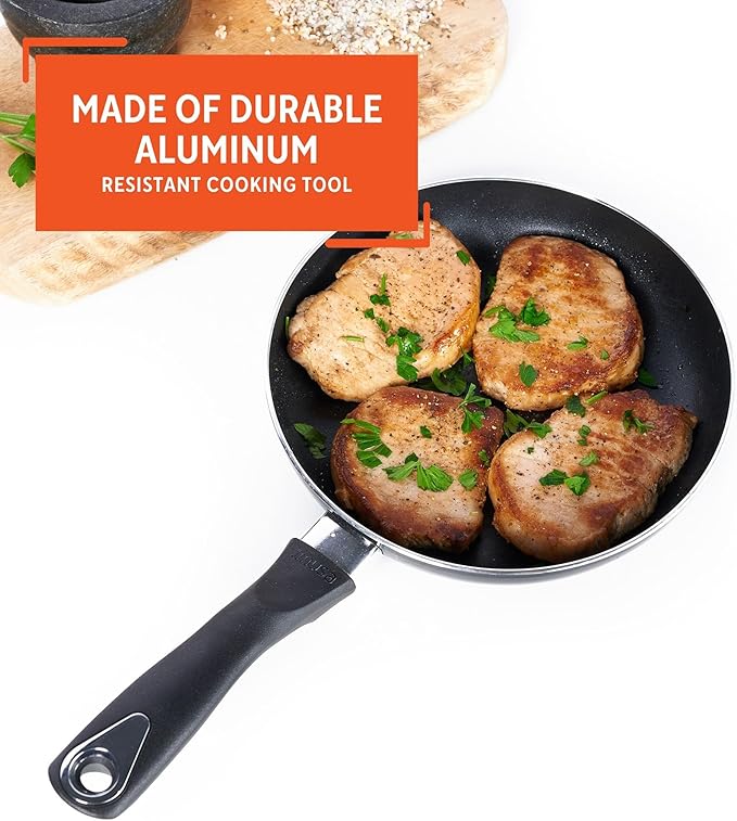 Imusa 8in Bistro Aluminum Nonstick Fry Pan with Cool Touch Handle, Small Skillet for Eggs, Omelets, Sauteing, and Everyday Cooking, Black, (Pack of 4)