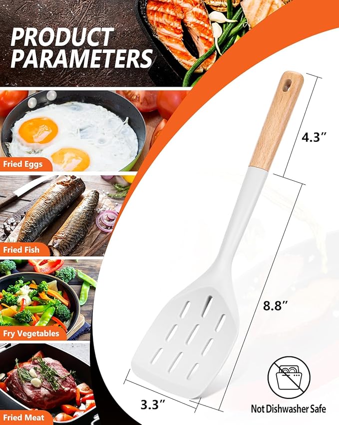 Pack of 2 Silicone Spatula, Non Stick Cooking Utensil Set Wooden Handle Kitchen Turner for Baking Mixing Grilling Serving Food Heat Resistant Non Scratch Hooks Included (White) - Image 2