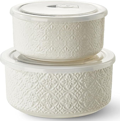 Metahom Ceramic Bowls with Lids Set of 2, Nesting Bowls for Work Lunch, Meal Prep, Food Storage Containers for Soup Salad Cereal, Microware & Dishwasher Safe, 6 & 7 Inch, 29 & 47 Oz, White by Metahom