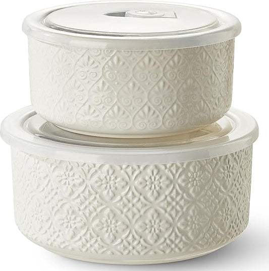 Metahom Ceramic Bowls with Lids Set of 2, Nesting Bowls for Work Lunch, Meal Prep, Food Storage Containers for Soup Salad Cereal, Microware & Dishwasher Safe, 6 & 7 Inch, 29 & 47 Oz, White by Metahom