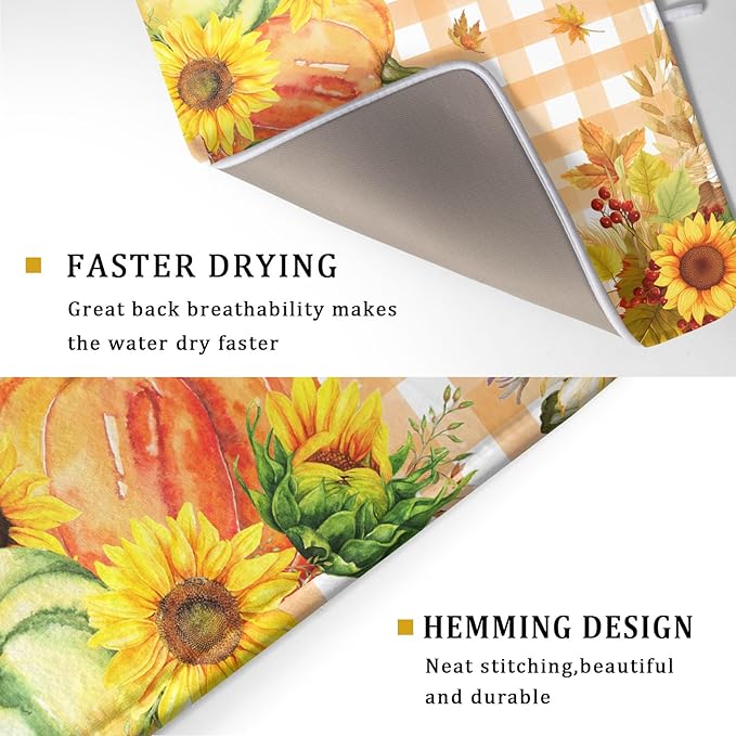 Autumn Maple Leaf Orange White Check Plaids Dish Drying Mat for Kitchen Counter,Fall Sunflower Pumpkin Drying Mat 18 x 24 Inch with Absorbent Reversible Microfiber Dish Drying Pad for Coffee Bar - Image 3