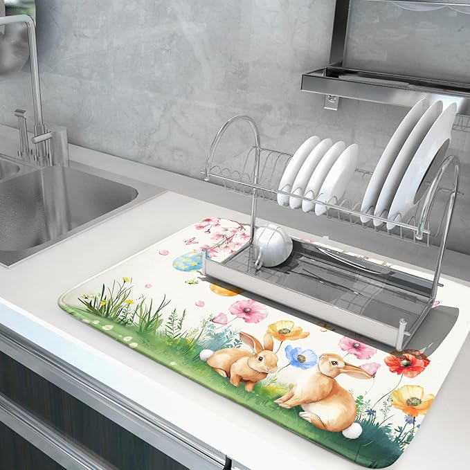 Giwawa Easter Bunny Dish Drying Mat, Spring Rabbits Eggs Hunt Dish Drainer Mats for Kitchen Countertop, Watercolor Floral Absorbent Reversible Dish Drying Pad Decor, 18x24inches, Large
