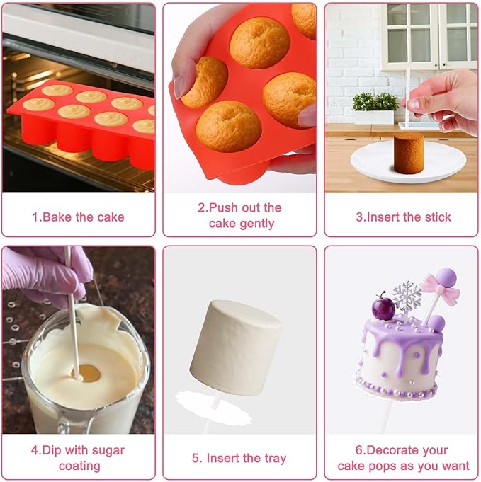 Juome Circle Cake Pop Mold Kit, 8 Cavities Cakesicle Molds Silicone with 50 Sticks & 50 Packaging Bags, Round Cake Pop Maker Supplies Accessories, Baking Tools for Home Baking Desserts - Image 4