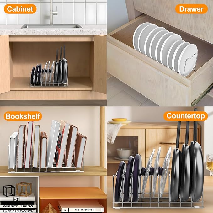 FLSEPAMB Lid Organizer Pot Lid Organizer 10-Tier Pot Lid Rack Holder Suitable for Bakeware Dish Plate, Cutting Boards, Pots & Pans, Serving Trays, Reusable Containers in Cabinet Pantry (1 Pack) - Image 7