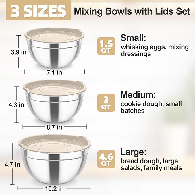 TeamFar Mixing Bowls, Stainless Steel Nesting Salad Bowls with Airtight Lids Set, For Serving/Mixing/Storing, Rust-proof & Heavy Duty, Dishwasher Safe, Set of 3-4.6/3 / 1.5 QT, Khaki - Image 2