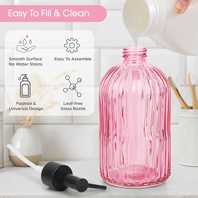 Topsky Stripe Glass Soap Dispenser with Black Plastic Pump, 400ml Liquid Hand Soap Dispenser, Rustproof Pump for Kitchen & Bathroom, Great for Lotions, Essential Oil, Liquid Soaps-Pink - Image 3