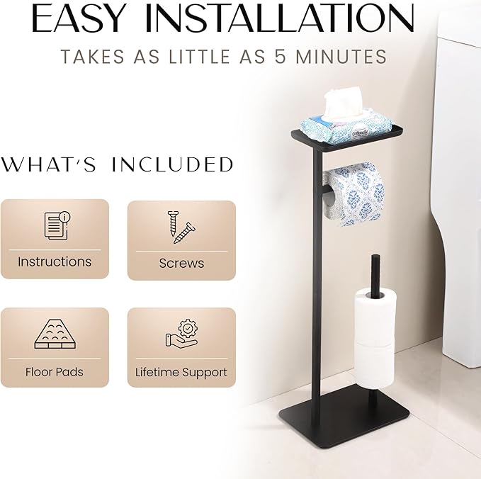 Day Moon™ - Toilet Paper Holder - Modern Roll Holder for Bathroom - 1 Pack - Free Standing - with Shelf, Black - Image 4
