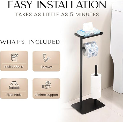 Day Moon™ - Toilet Paper Holder - Modern Roll Holder for Bathroom - 1 Pack - Free Standing - with Shelf, Black - Image 4