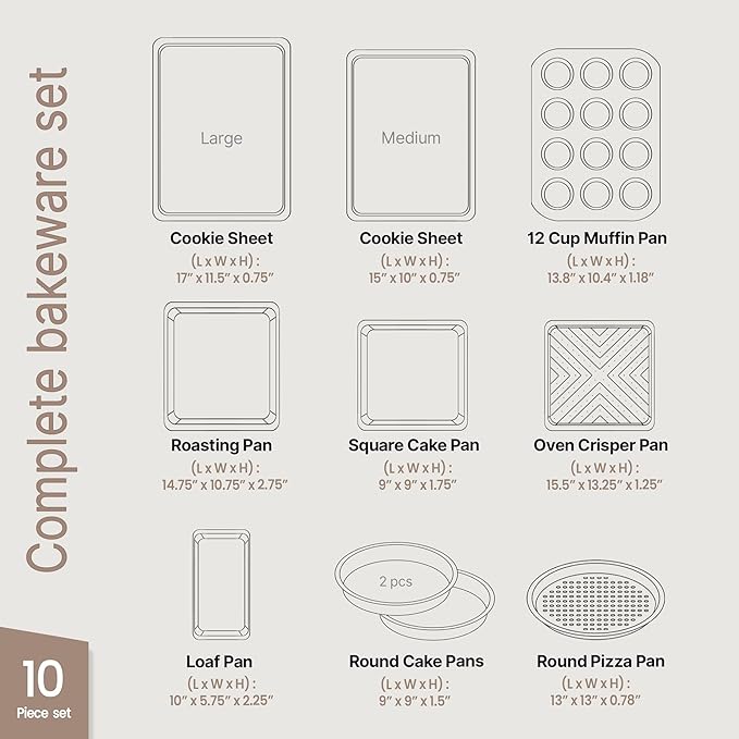 BAKKEN 10-Piece Kitchen Baking Pan Set - Commercial Grade Carbon Steel Bakeware, With Nonstick Coating, Stackable and Space-saving Design, PFOA, PFOS, PTFE Free, Oven Safe (Up To 450°F), Gray Marble - Image 2