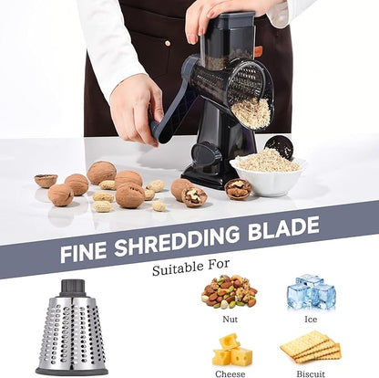 Rotary Cheese Grater with Handle Kitchen Shredder Slicer Grater Slicer Ice Shaver Cheese Vegetable Nuts Potato Zucchini Chocolate 3 Interchangeable Blades (Grey TSP) - Image 5