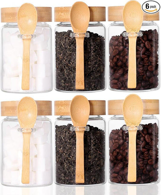 Glass Jar with Screw Lid and Spoon, 6 Pack16 OZ Tea Containers for Loose Leaf Tea, Salt and Sugar Containers for Countertop, Yogurt Jars for Overnight Oatmeal