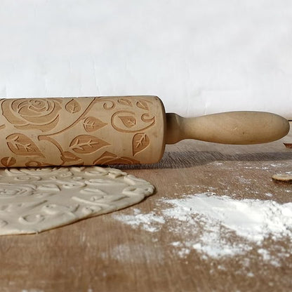 Ragyzity Wooden Embossed Rolling Pin for Baking, Rose Flower Embossed Engraved Carved Rolling Pin, Wooden Roll Pin Laser Engraved Rolling Pin DIY Tool for Making Cookie Dough Crusts Pies Pastry - Image 5